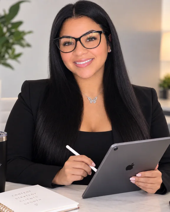 Adelita Torres Slater, MBA, at her desk with a tablet, planning a client video strategy