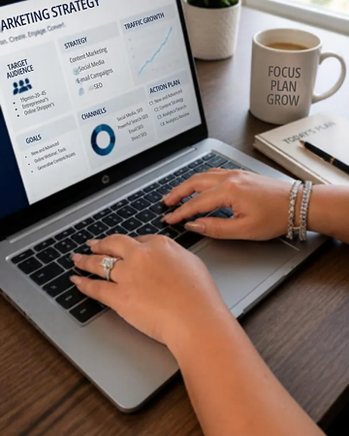 Hands on a laptop reviewing a marketing strategy plan, with a Focus Plan Grow mug on the desk